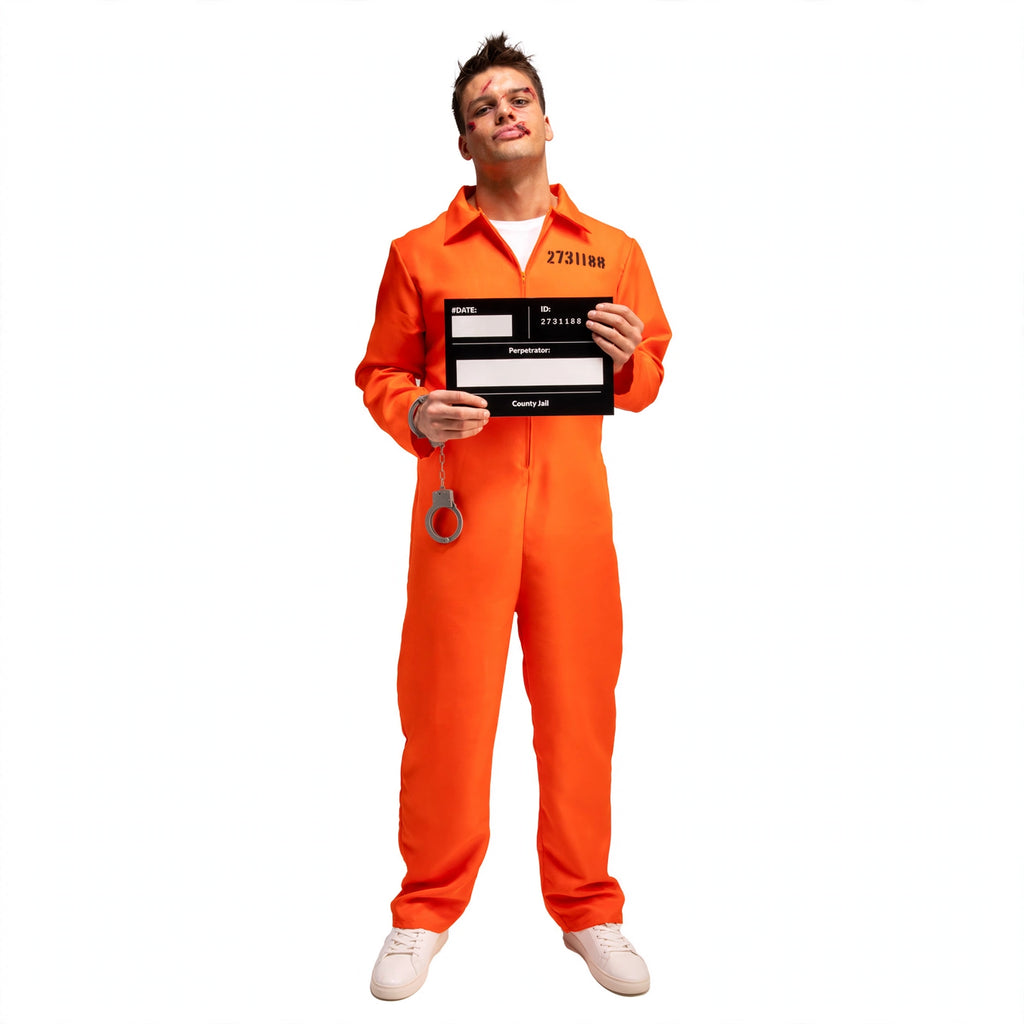 Adults orange convict costume with boiler suit, handcuffs, and prisoner ID board