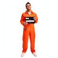 Adults orange convict costume with boiler suit, handcuffs, and prisoner ID board