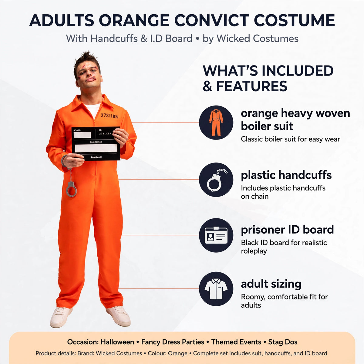 Features orange heavy woven boiler suit, plastic handcuffs, and prisoner ID board