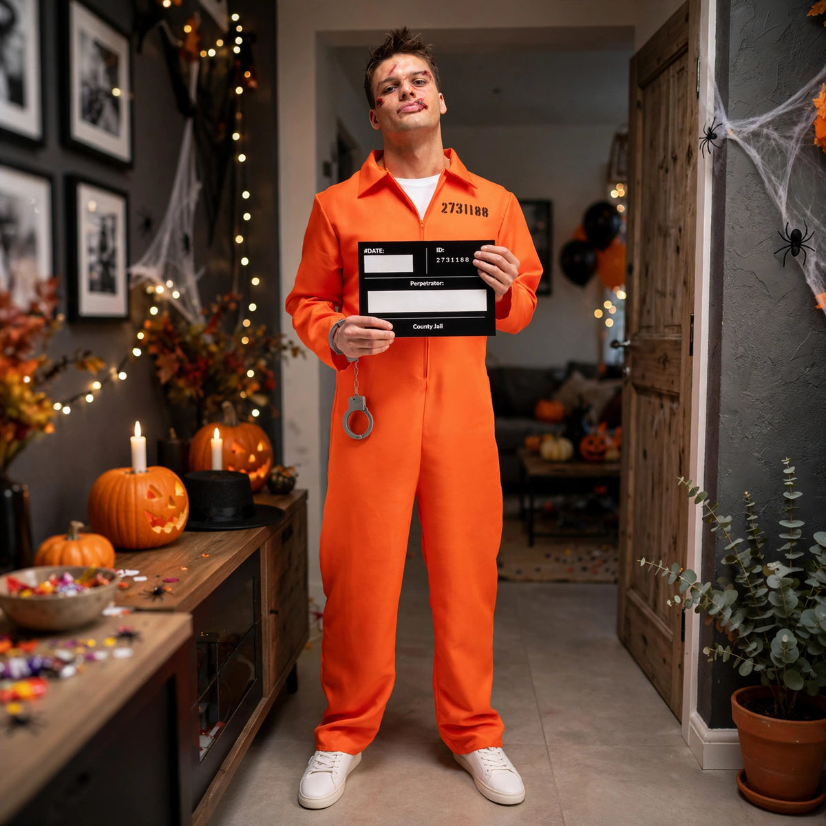 Adult wearing orange convict costume with handcuffs and prisoner ID board at party