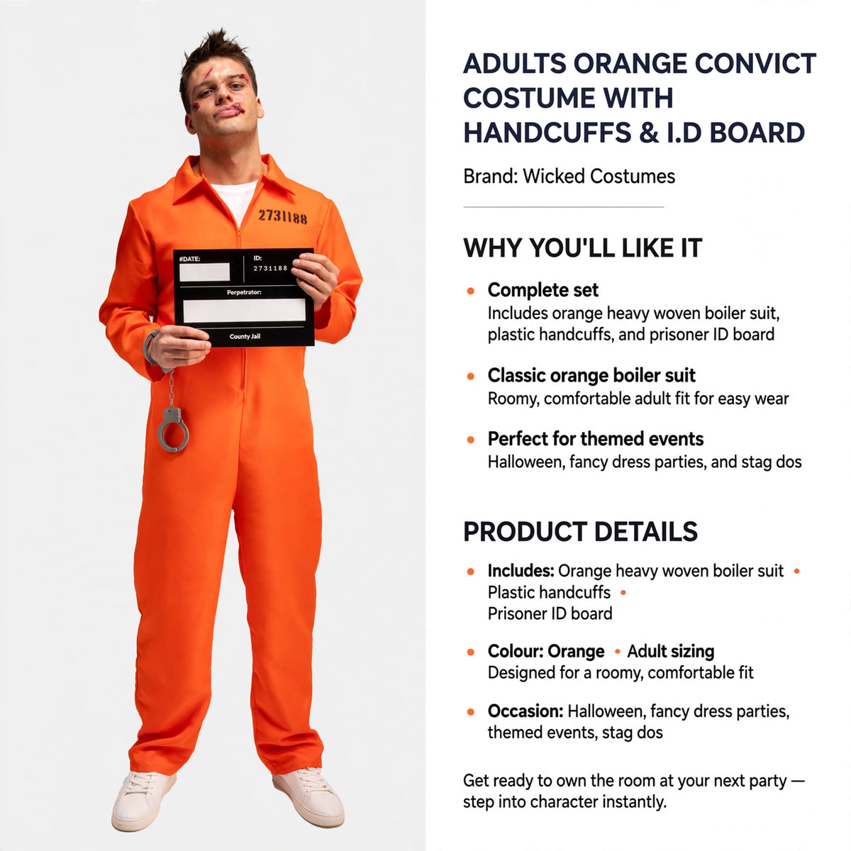 Complete set includes costume, handcuffs, and ID board for prisoner look