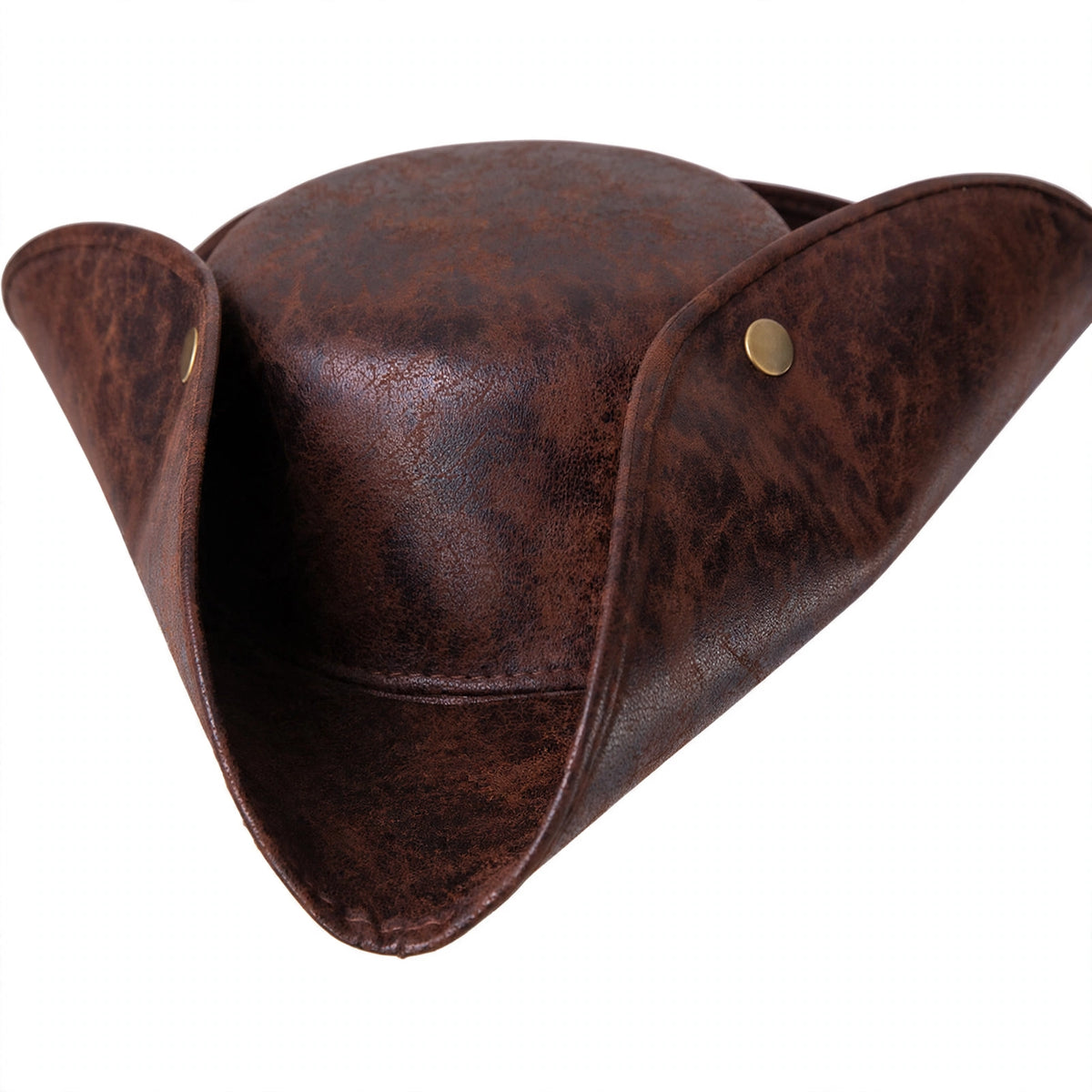 Close-up view of brown faux leather pirate fancy dress hat with distressed look