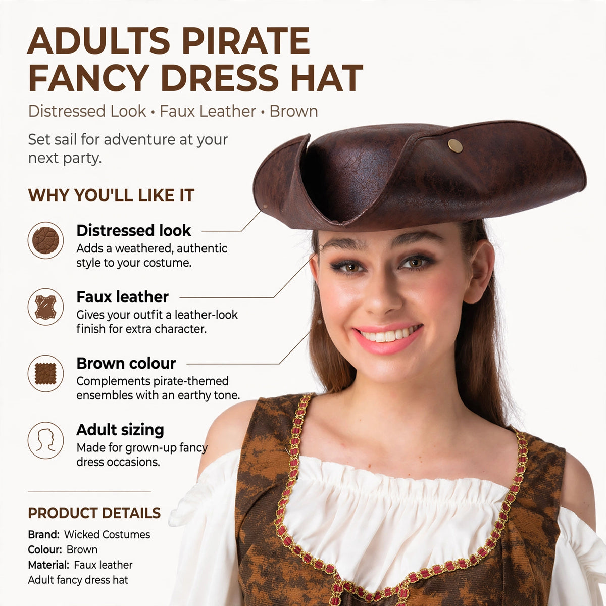 Infographic showing distressed look, faux leather material, brown colour, and adult sizing features
