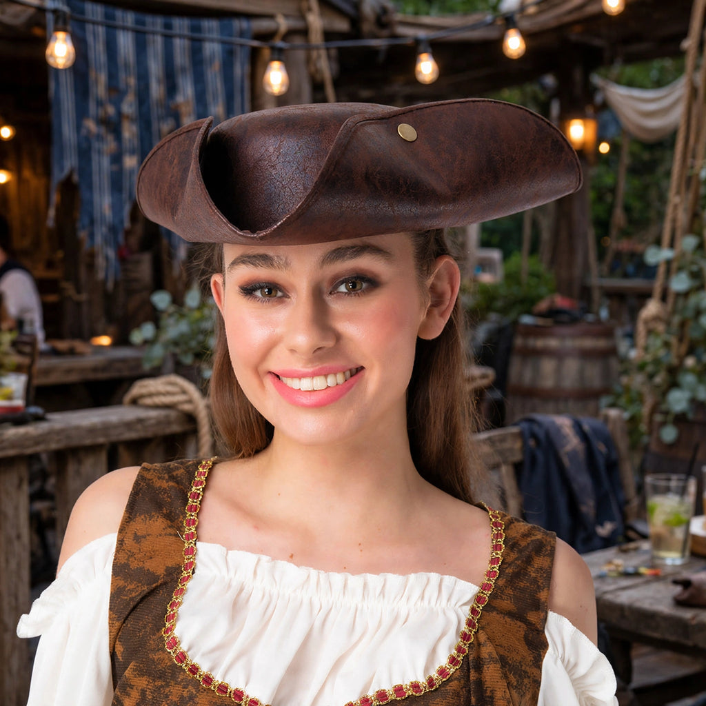 Adult wearing brown faux leather pirate fancy dress hat at a themed event