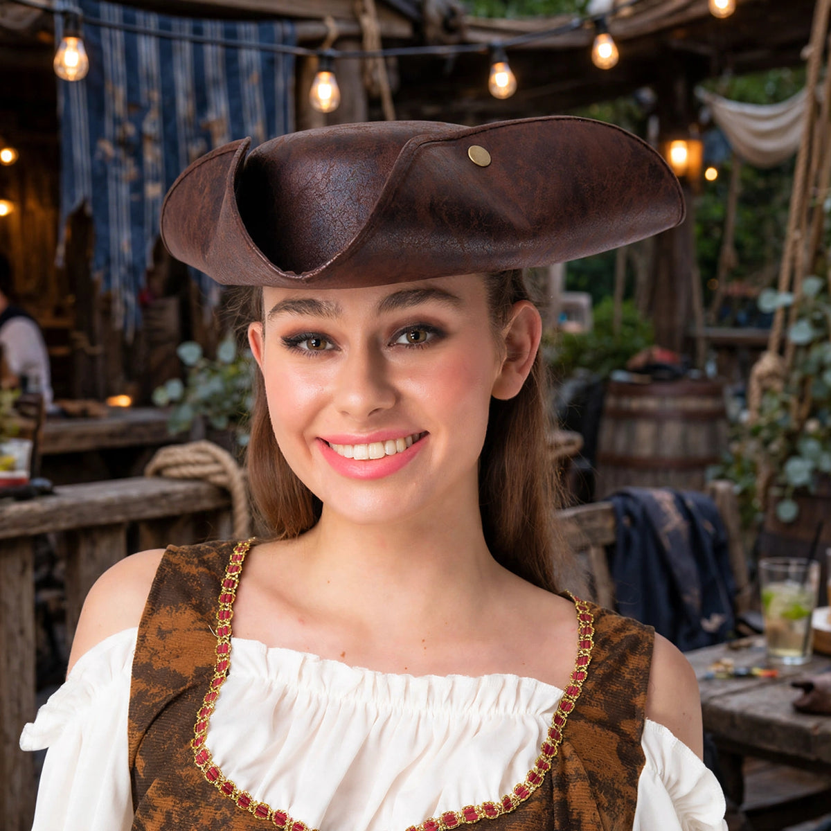 Adult wearing brown faux leather pirate fancy dress hat at a themed event