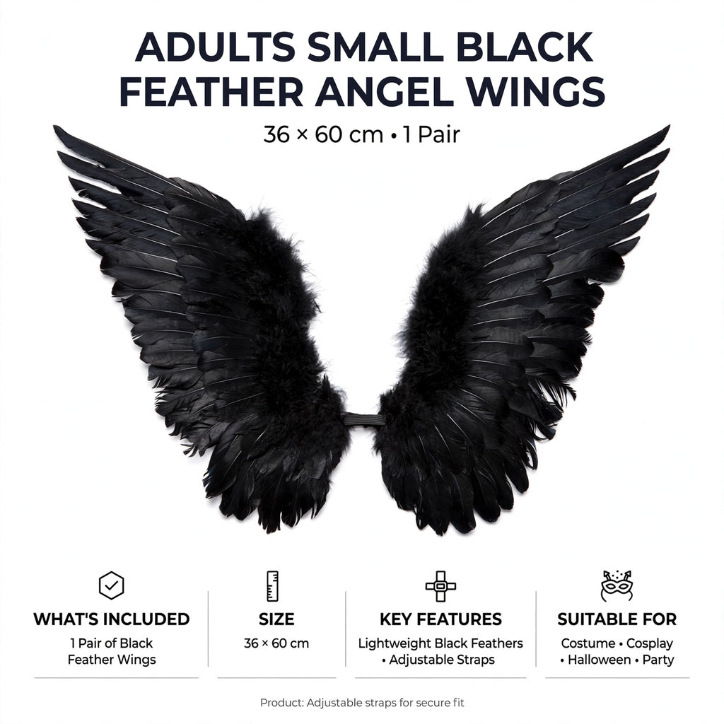 Product information for Adults Small Black Feather Angel Wings