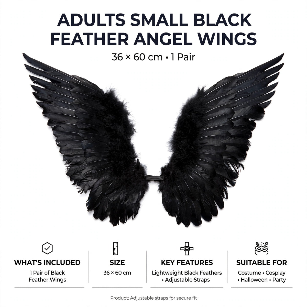 Product information for Adults Small Black Feather Angel Wings