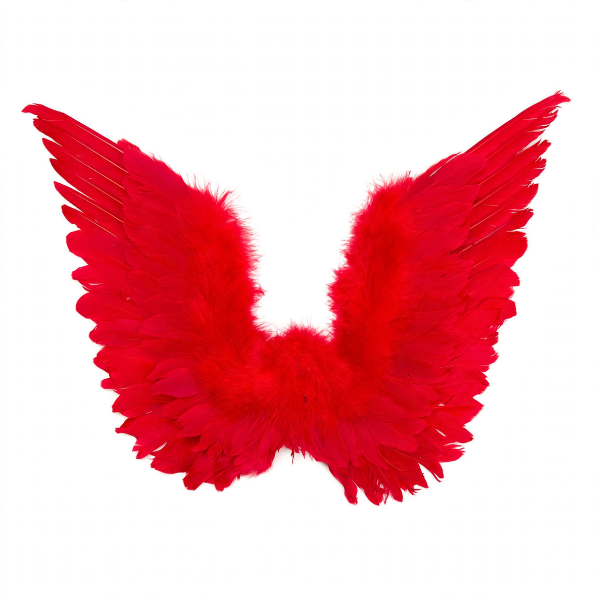 Detail view of Adults Small Red Feather Angel Wings showcasing the feather material