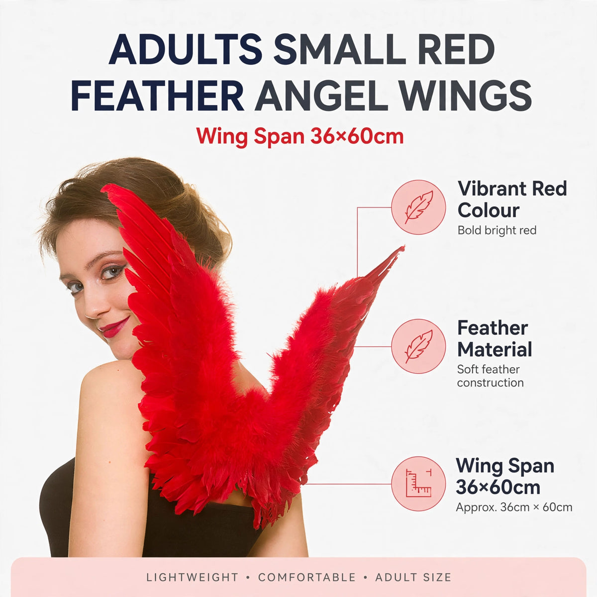 Features of Adults Small Red Feather Angel Wings: vibrant red colour, feather material, wing span of 36x60cm