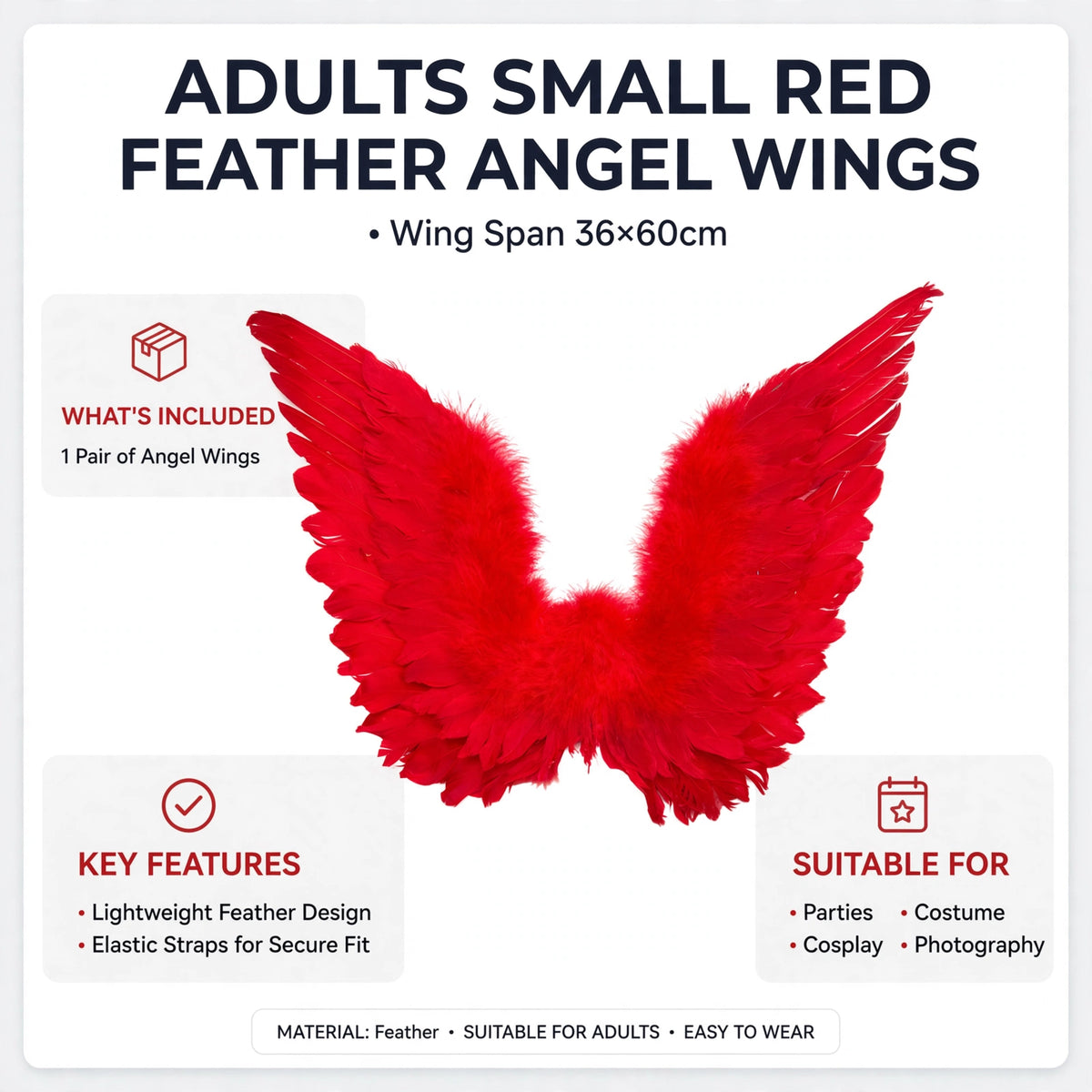Adults Small Red Feather Angel Wings designed to enhance costumes for events