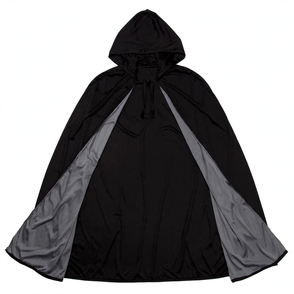 Detail view of the black hooded cloak