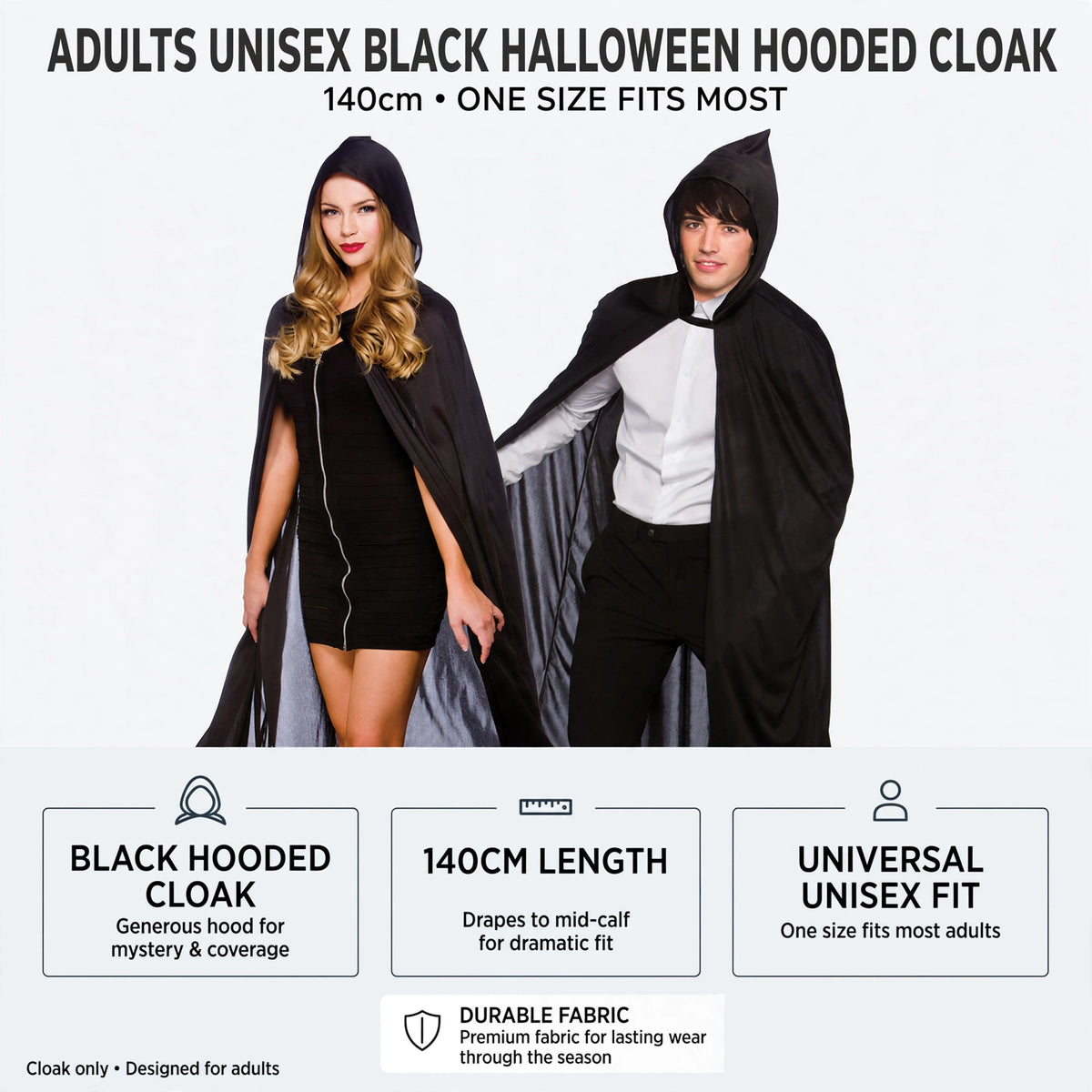 Black hooded cloak features including length and fit