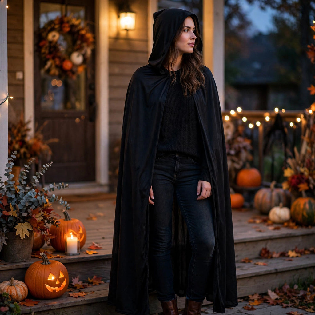 Black hooded cloak displayed on a person in a Halloween setting