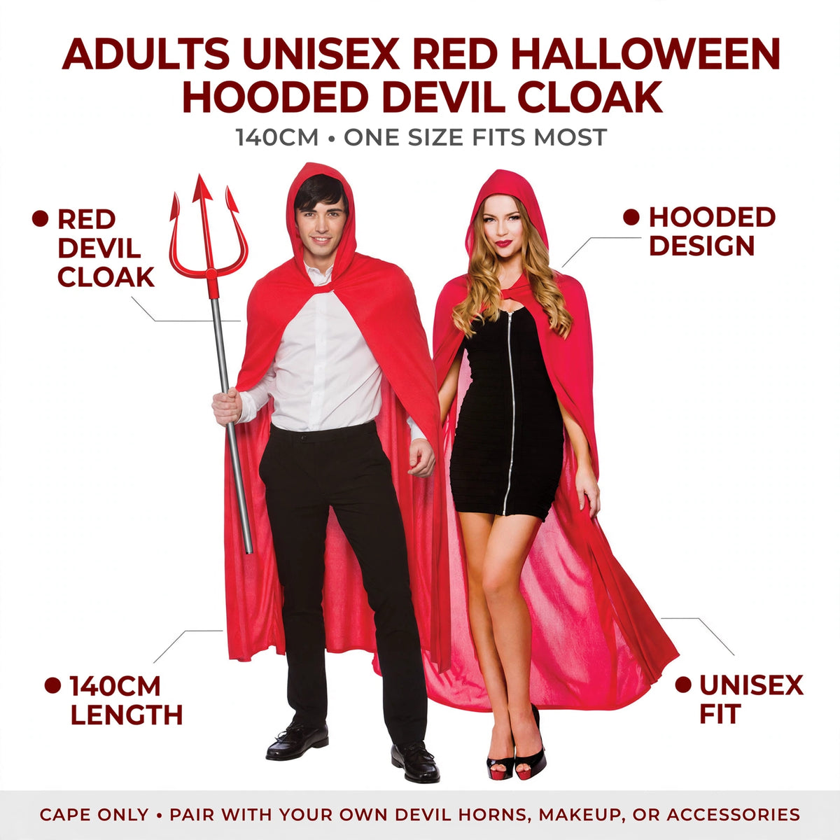 Features of the red devil cloak including hooded design and 140cm length.