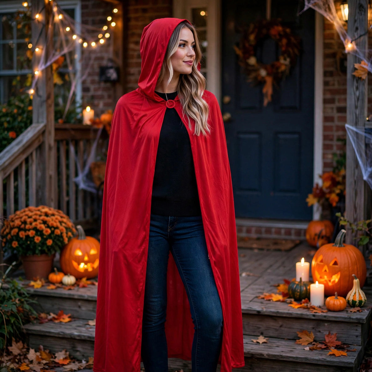 Adult wearing the red hooded devil cloak at a Halloween party.