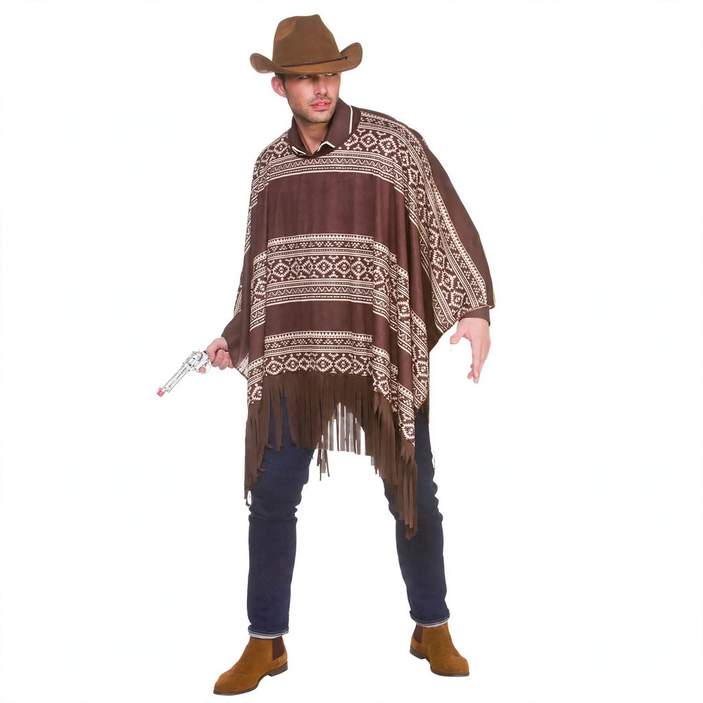 Wicked Costumes Adults Western Cowboy Poncho in brown and cream tones draped on a mannequin