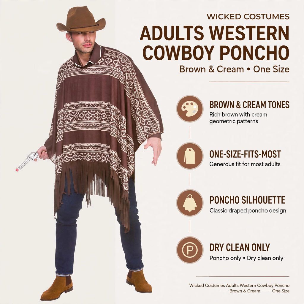 Features of the Wicked Costumes Adults Western Cowboy Poncho including its one-size-fits-most design and care instructions