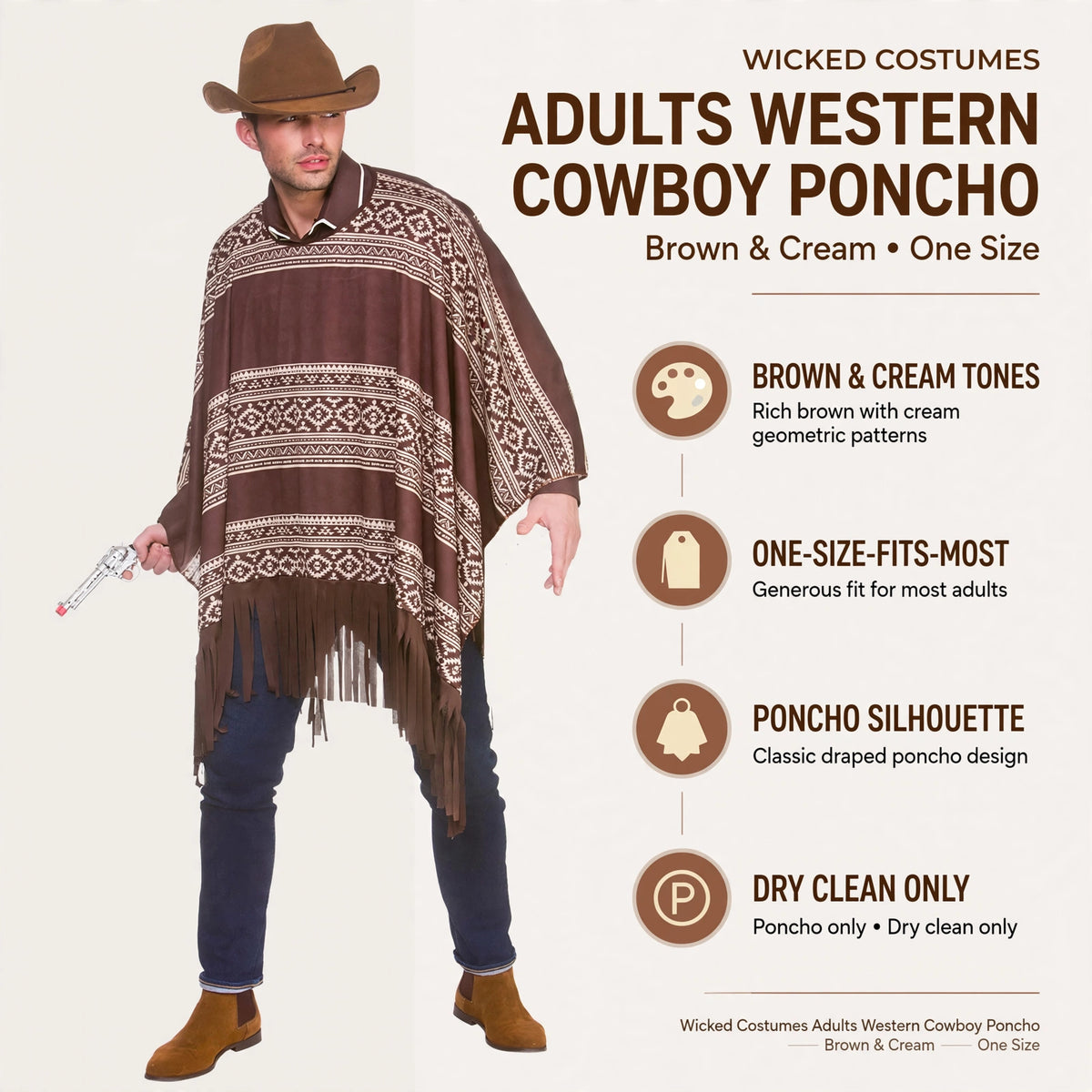 Features of the Wicked Costumes Adults Western Cowboy Poncho including its one-size-fits-most design and care instructions