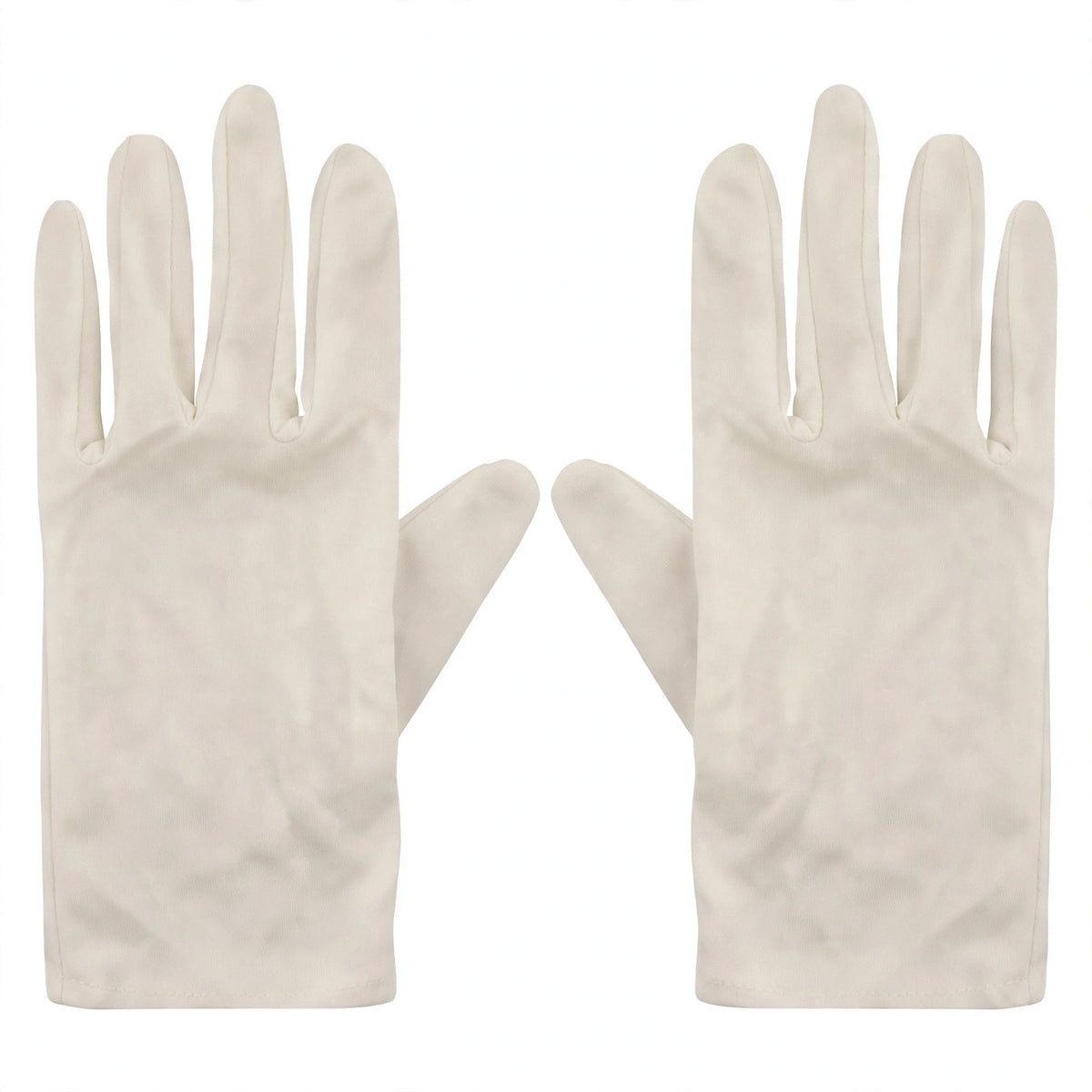 Close-up view of adults white short gloves showing short length and white colour