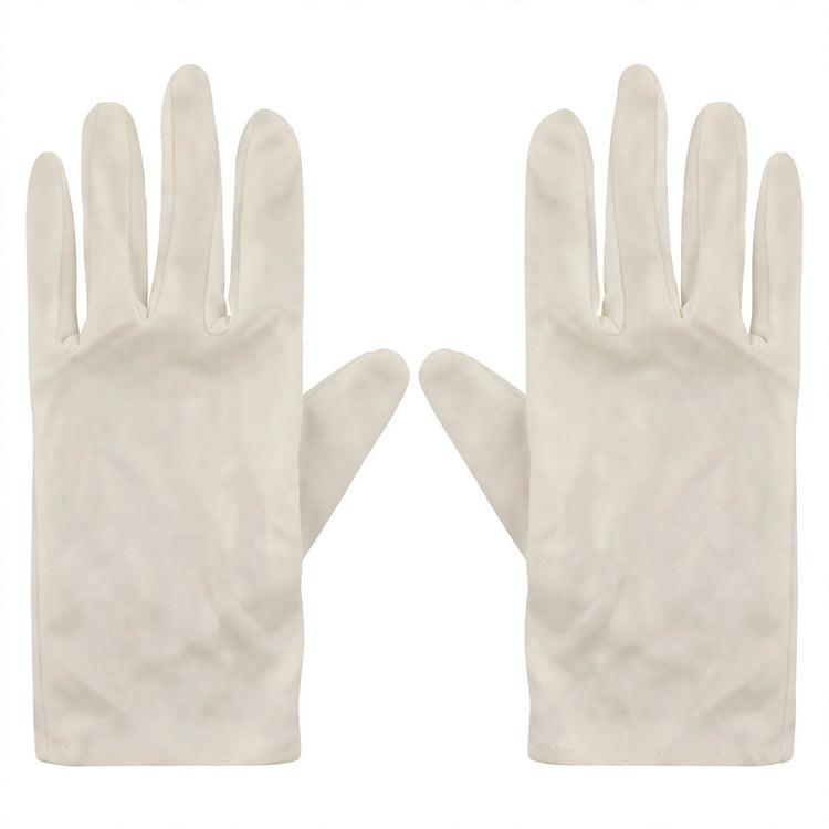 Close-up view of adults white short gloves showing short length and white colour