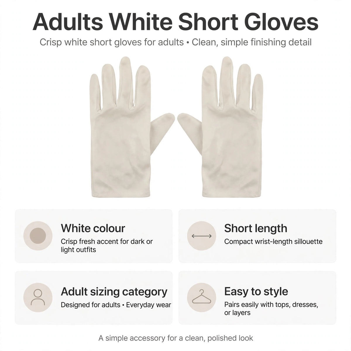 Features white colour, short length, adult sizing, and easy styling