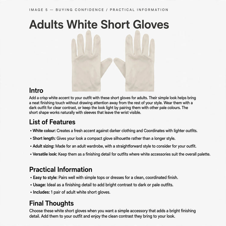 Adults white short gloves designed for a clean, coordinated finish