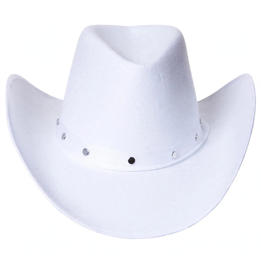 Close-up view of adults white Texan cowboy hat showing shaped crown and wide brim