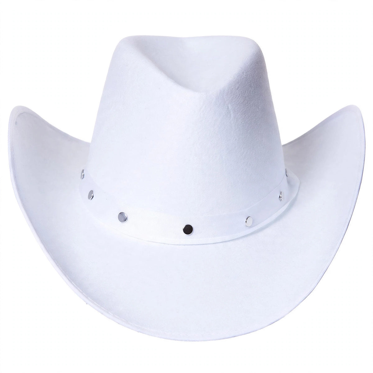 Close-up view of adults white Texan cowboy hat showing shaped crown and wide brim