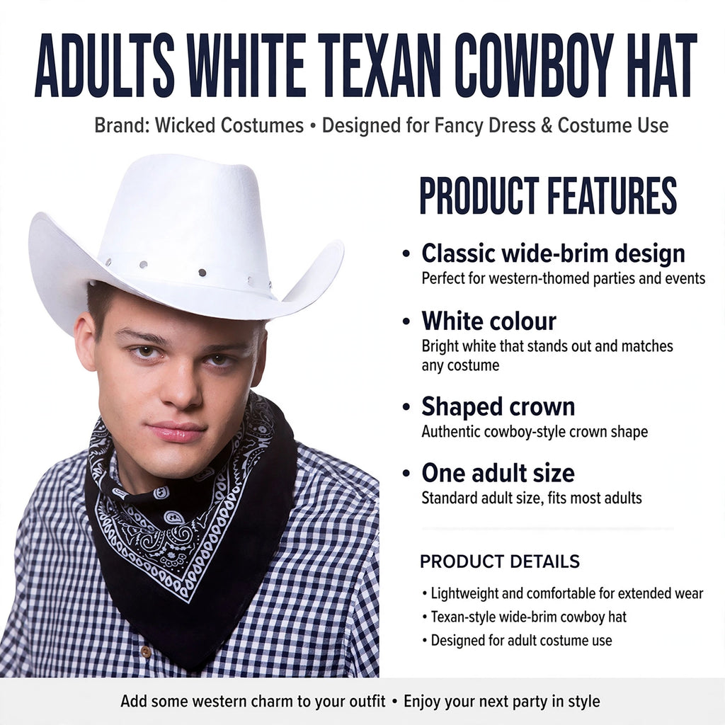 Features classic wide-brim design, white colour, shaped crown, and one adult size