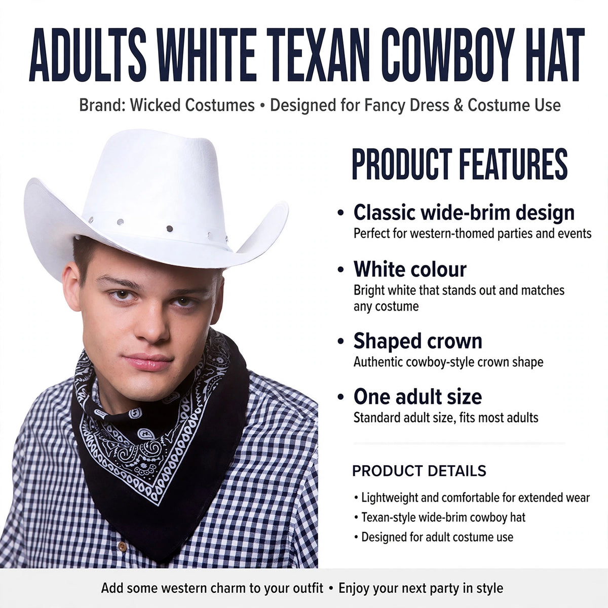 Features classic wide-brim design, white colour, shaped crown, and one adult size