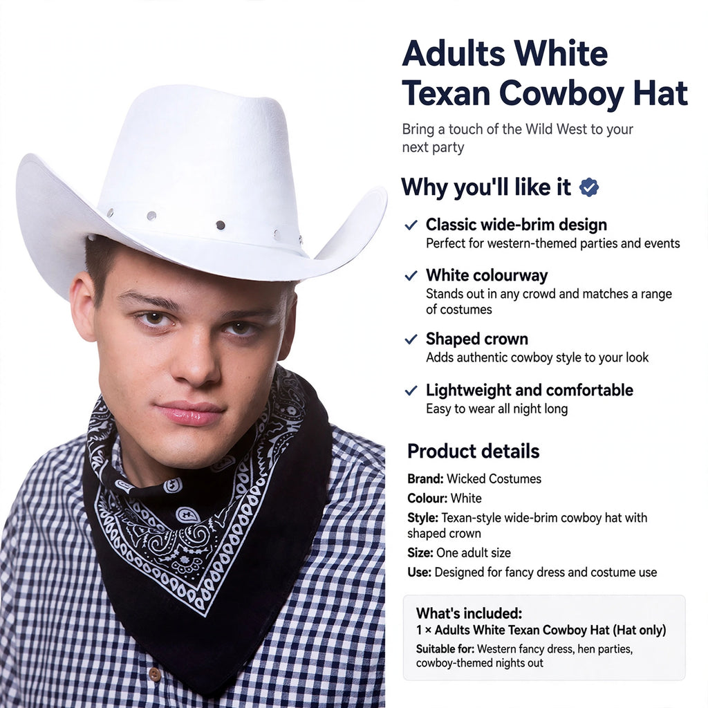 Adults white Texan cowboy hat designed for fancy dress and costume use