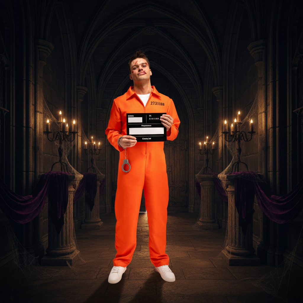 Adults Orange Convict Costume With Handcuffs & I.D Board | Merthyr Tydfil | Why Not Shop Online
