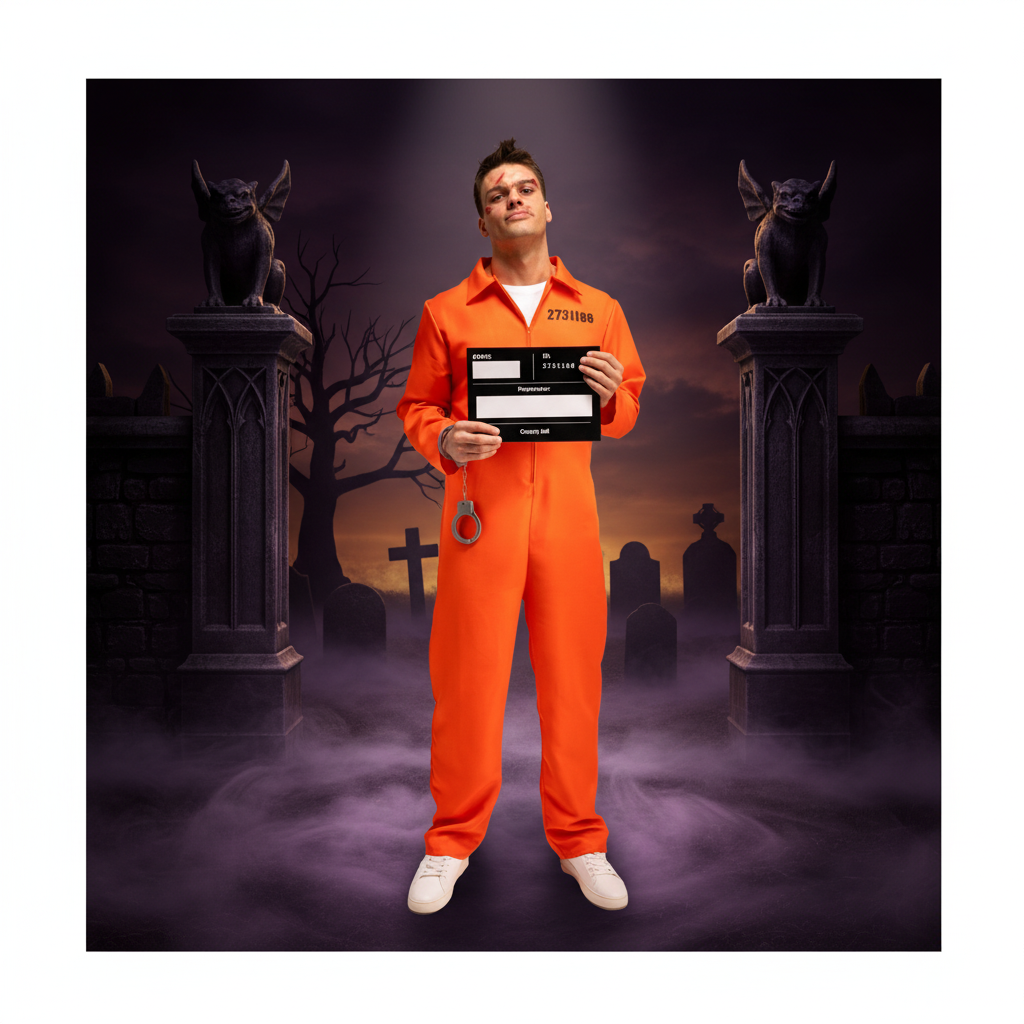 Adults Orange Convict Costume With Handcuffs & I.D Board | Merthyr Tydfil | Why Not Shop Online
