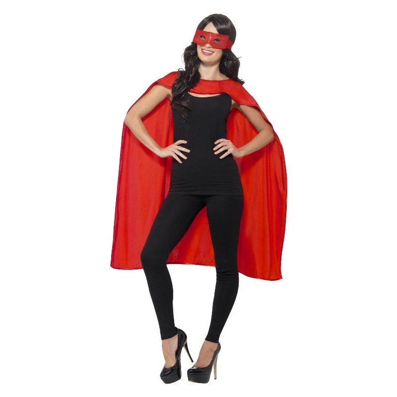 Adults Red Superhero Fancy Dress Cape And Eye Mask