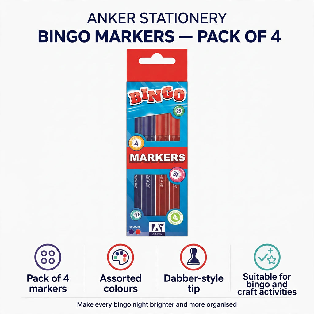 Infographic showing pack of 4 markers, assorted colours, and dabber-style tip