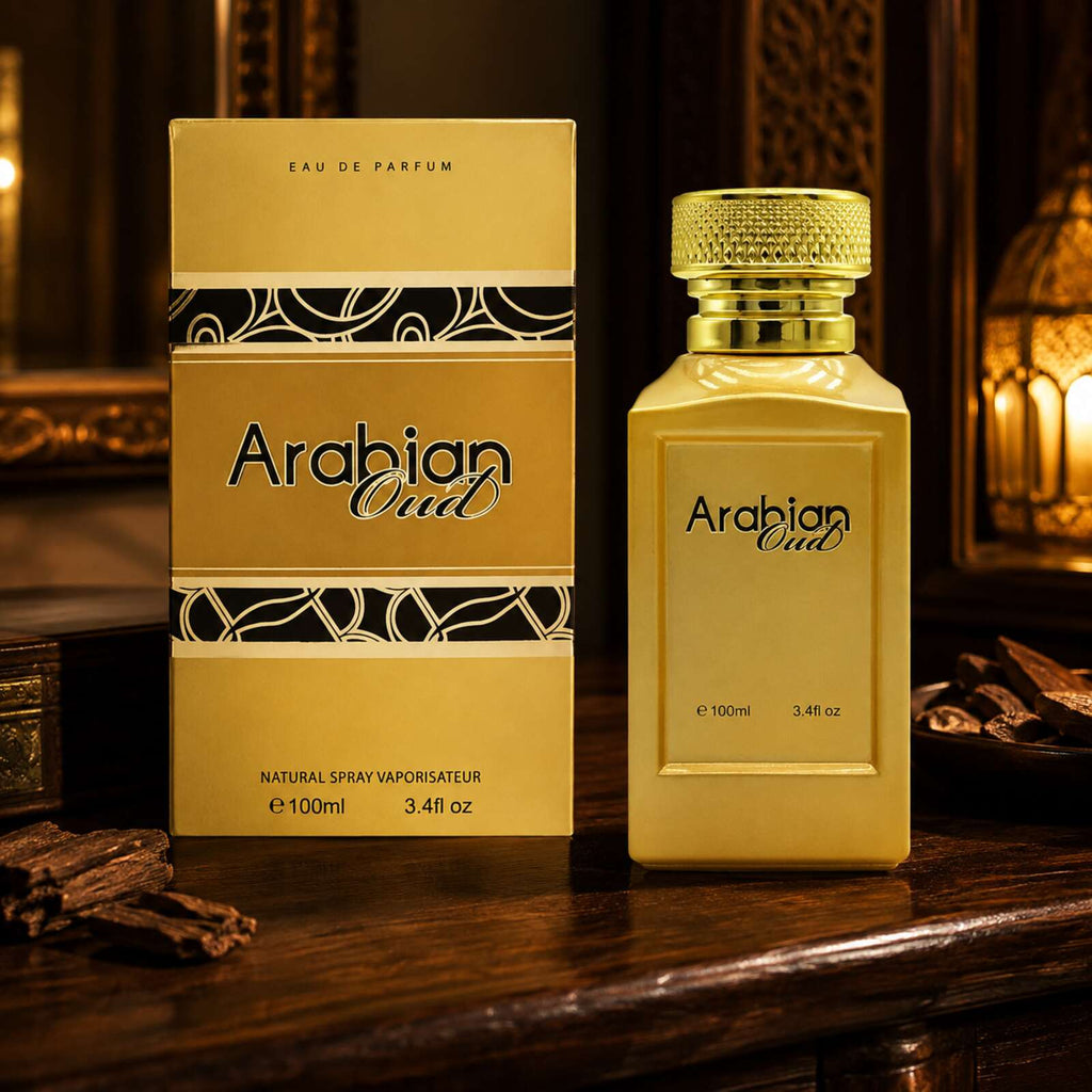 Arabian Oud Eau de Parfum bottle and box in a warm oud wood setting