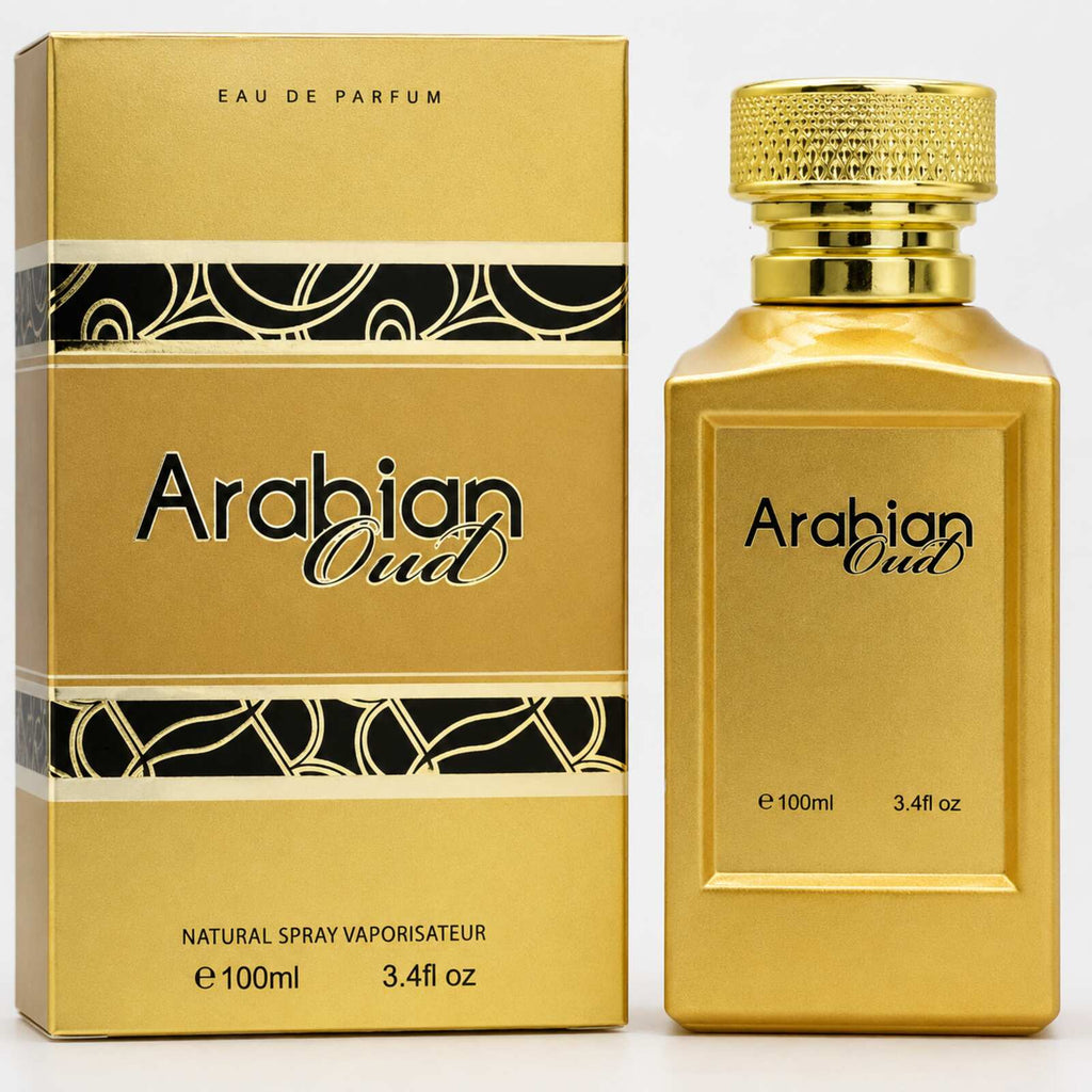 Arabian Oud gold spray bottle textured cap and matching box detail