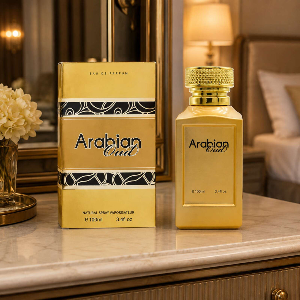 Arabian Oud gold bottle and box displayed on an elegant dressing table