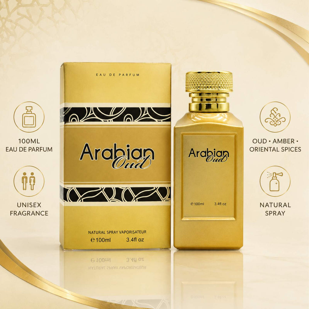 Arabian Oud unisex 100ml Eau de Parfum feature infographic