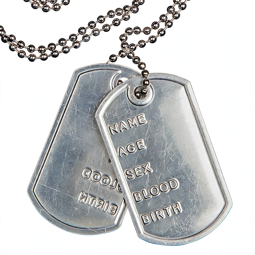 Close-up view of silver army I.D dog tags