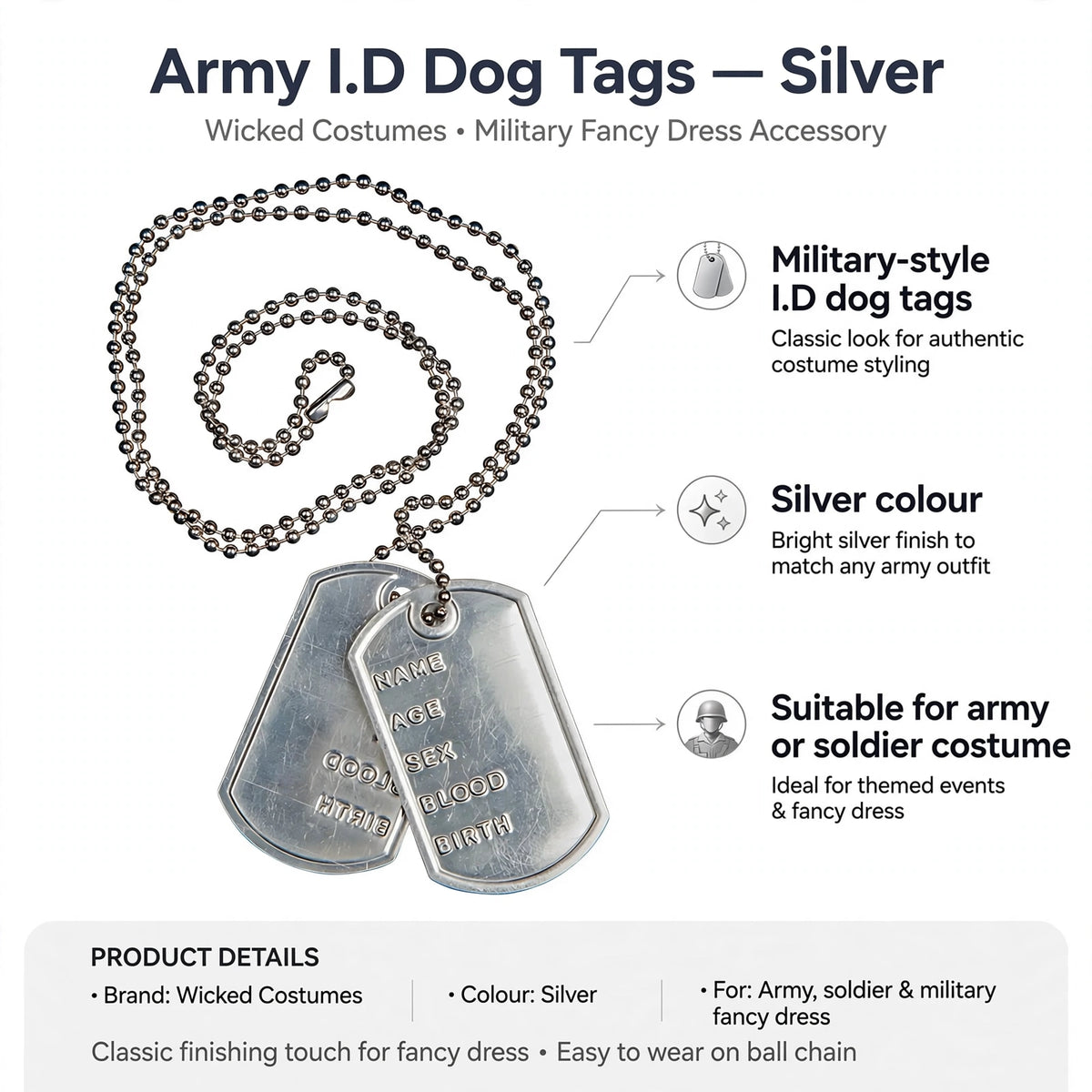 Military-style I.D dog tags in silver colour