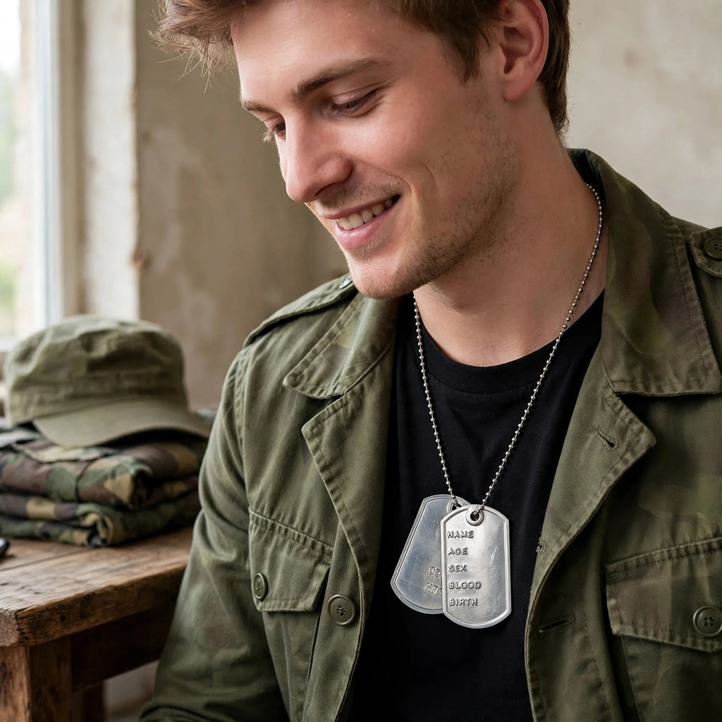 Silver army I.D dog tags worn with a soldier costume at a fancy dress event