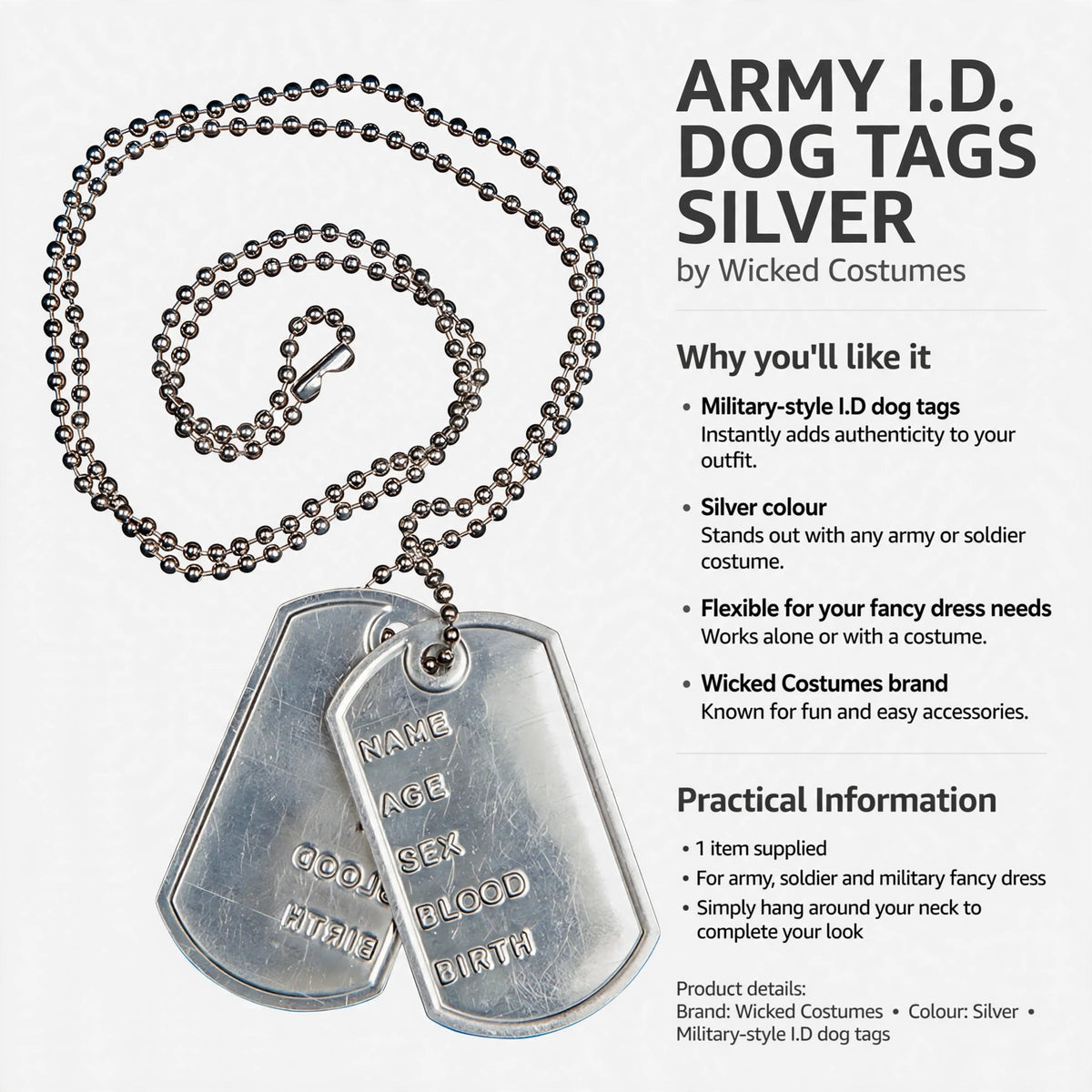 Silver dog tags for army or soldier fancy dress costumes