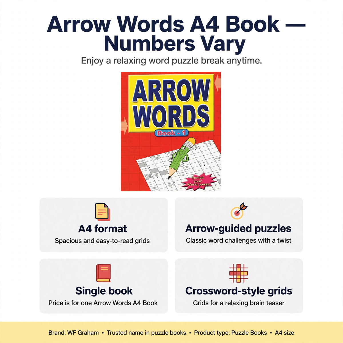 Features of Arrow Words A4 Book including A4 format and arrow-guided puzzles