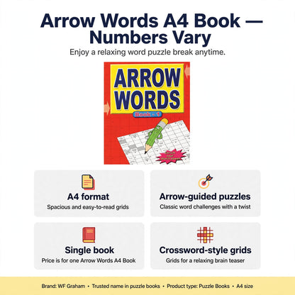 Features of Arrow Words A4 Book including A4 format and arrow-guided puzzles