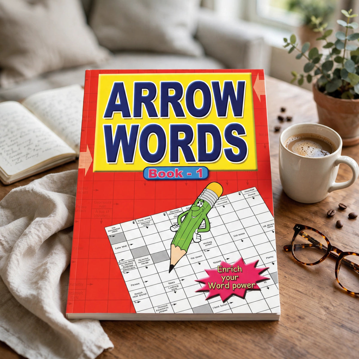 Person using Arrow Words A4 Book for word puzzle activity