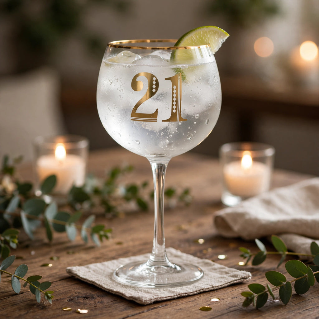 Art Deco 21st Birthday Gin Glass displayed as a gift for a 21st birthday celebration