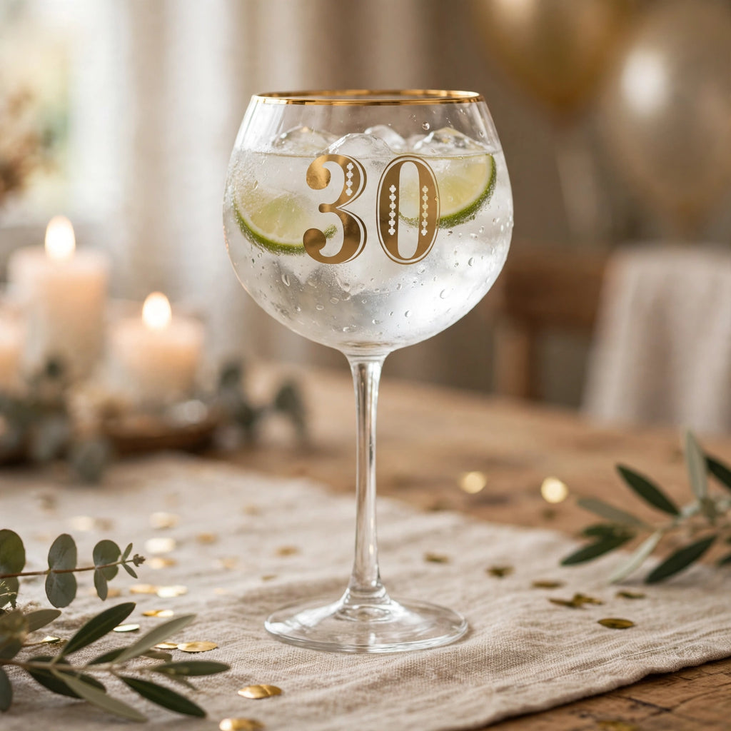 Art Deco 30th Birthday Gin Glass displayed for a 30th birthday celebration