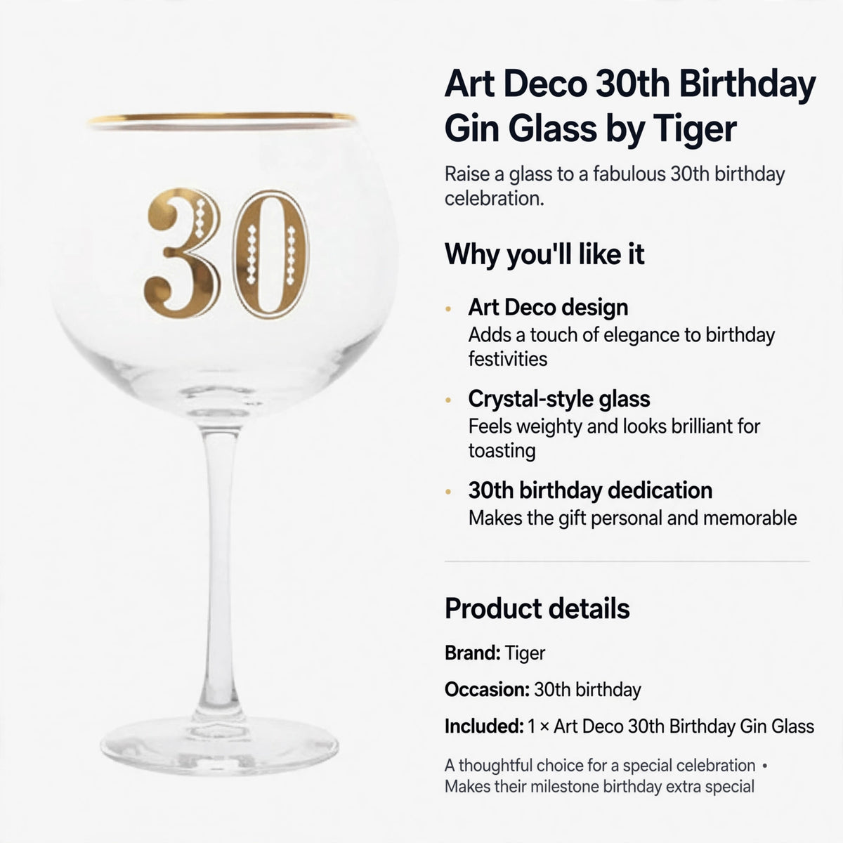 Information about the 30th birthday dedication and crystal-style glass by Tiger