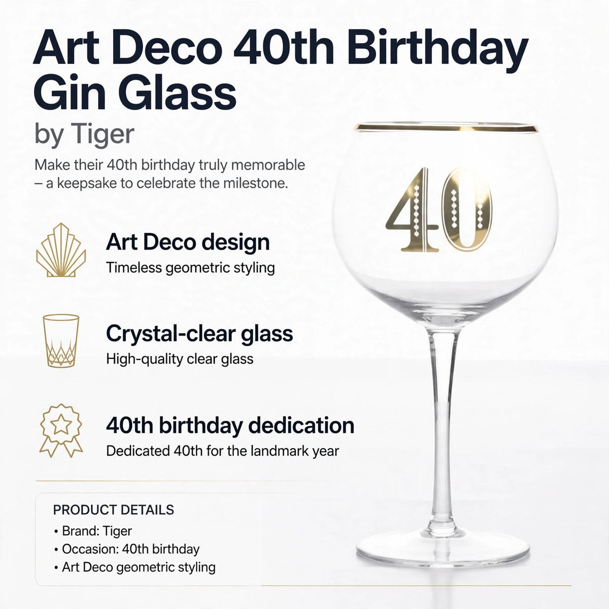 Infographic showing Art Deco design, crystal-clear glass, and 40th birthday dedication features